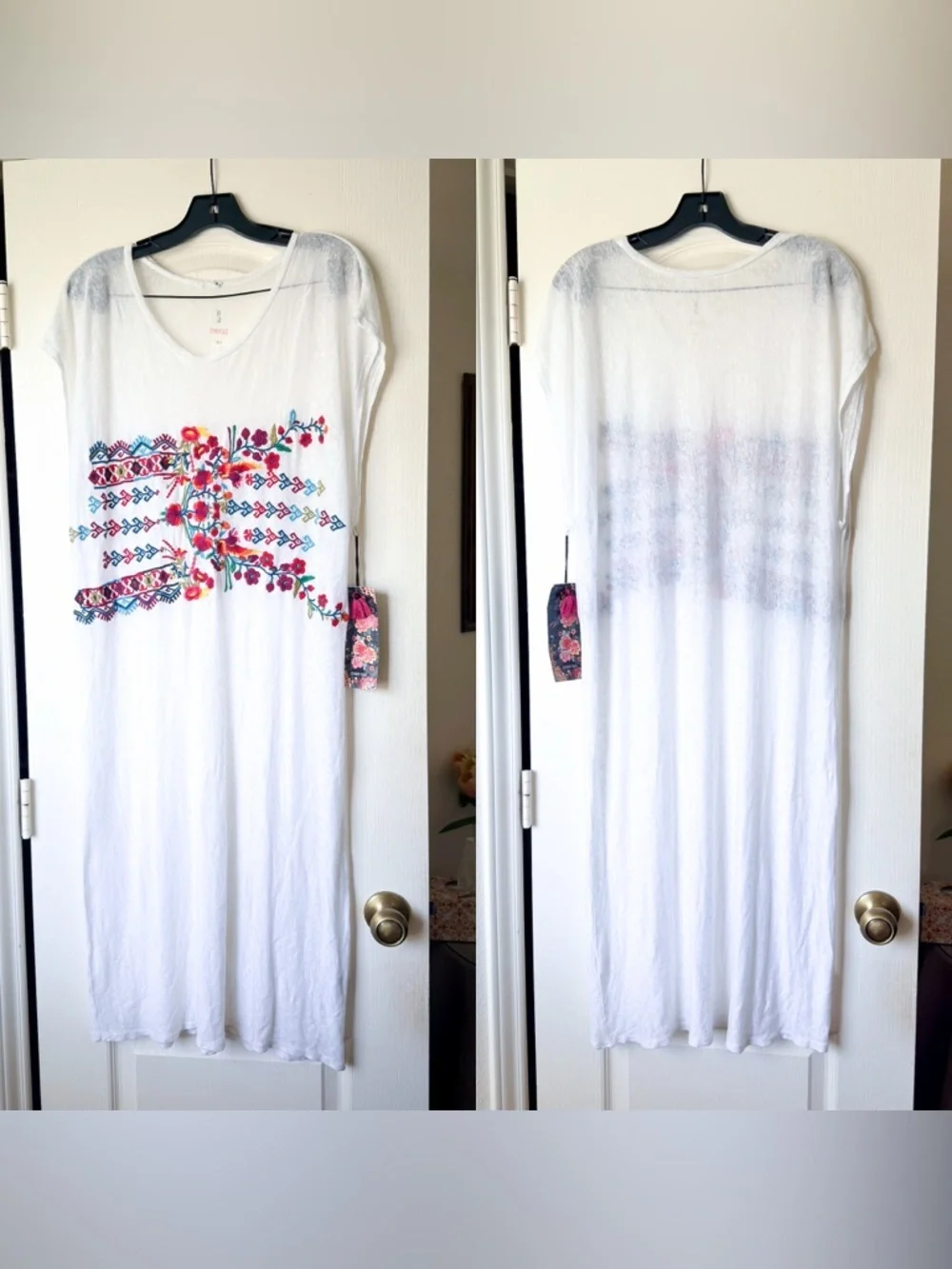 Johnny Was Asana Linen Midi Dress Embroidered White Multi Small NWT